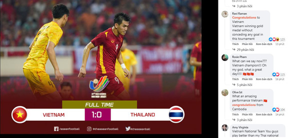 Nhiều cổ động viên châu Á đã chúc mừng U23 Việt Nam vì chiến thắng xứng đáng trước Thái Lan - Ảnh: Facebook