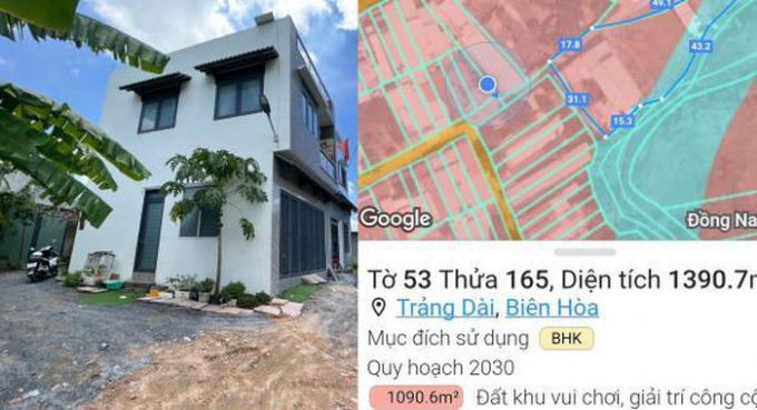 Vị trí thửa 165, tờ bản đồ số 53 là đất trồng cây hàng năm nhưng thực tế có một công trình nhà ở đã xây dựng hoàn chỉnh