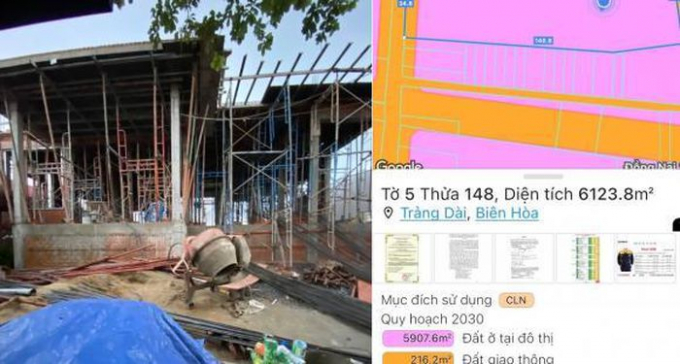 Thửa 148, tờ bản đồ số 5 mục đích sử dụng là CLN (đất dùng trồng cây lâu năm)... nhưng bị phân lô thành nhiều khu đất nhỏ để xây dựng công trình kiên cố