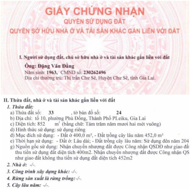 Khu đất 852m2 trong GCNQSDĐ đứng tên ông Nguyễn Văn Đằng.