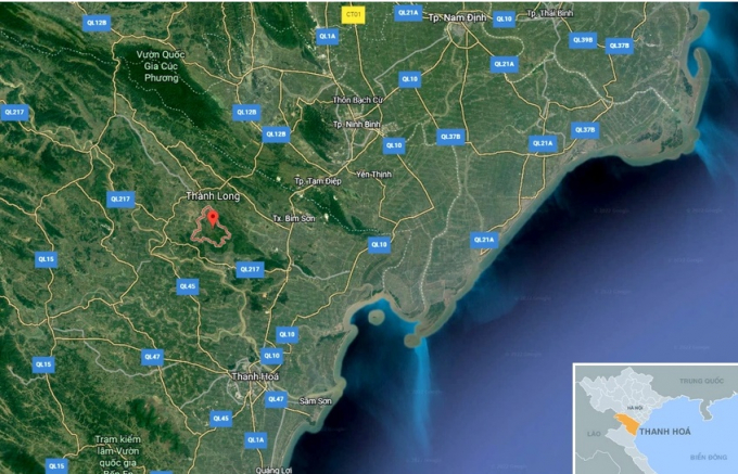 Triệu Quân Sự trốn khỏi trại giam ở xã Thành Long (khoanh đỏ) thuộc huyện Thạch Thành, tỉnh Thanh Hóa. Ảnh: Google Earth.
