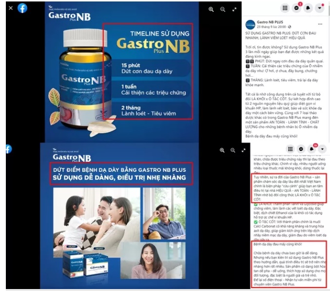 Những thông tin quảng cáo về TPBVSK Gastro NB đang gây hiểu nhầm như thuốc chữa bệnh.