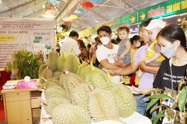 Sầu riêng DONA của Công ty Phát triển công nghệ sinh học Dona - Techno (P.Xuân Bình, TP.Long Khánh) tham gia Tuần lễ tôn vinh trái cây Đồng Nai năm 2022. Ảnh: B.Nguyên