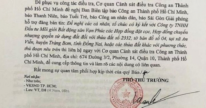 Thông báo của Cơ quan CSĐT Công an TP HCM