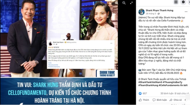 Xuân từng hào hứng khoe Cello Fundamento được thẩm định và chấp thuận đầu tư. Fanpage chính thức của Shark Hưng đã share lại thông tin này.