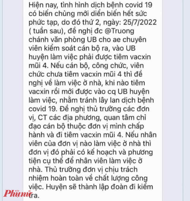 Nội dung tin nhắn của lãnh đạo huyện Phú Lộc gửi cán bộ công chức được chụp lại
