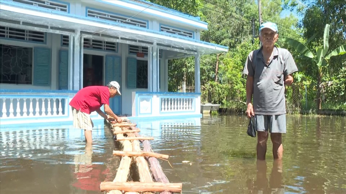 Nước ngập sân, gia đình ông Trần Công Định phải bắc cầu gỗ tạm để vào nhà. Ảnh: Văn Sỹ