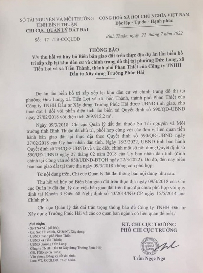 Thông báo số:17/TB-CCQLĐĐ của Chi cục Quản lý đất đai tỉnh Bình Thuận, về việc thu hồi và hủy bỏ Biên bản giao đất trên thực địa Dự án Hamubay Phan Thiết