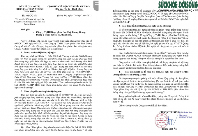 Công văn của Chi cục An toàn vệ sinh thực phẩm tỉnh Quảng Trị gửi Công ty TNHH Dược phẩm Sao Thái Dương Group ngày 12/8.