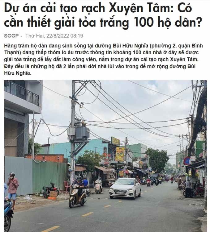 Các căn nhà trên đường Bùi Hữu Nghĩa sẽ được giải tỏa trắng để chỉnh trang rạch Xuyên Tâm