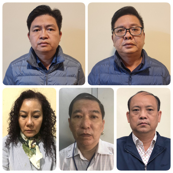 Các bị can (từ trái sang): Nguyễn Vũ Bảo Hoàng, Nguyễn Ngọc Trường Chinh, Nguyễn Thị Bích Ngọc, Quan Minh Tuấn, Nguyễn Văn Lành - Ảnh: CACC