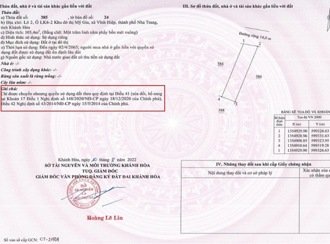 Trong các “sổ đỏ” được cấp cho Công ty Vĩnh Thái đều được cơ quan cấp sổ ghi chú (phần bôi đỏ) chỉ được chuyển nhượng khi thỏa mãn các điều kiện liên quan.