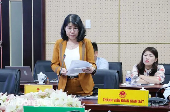 Phó chủ tịch HĐND tỉnh Hoàng Thị Bích Hằng chất vấn một số nội dung tại buổi giám sát.