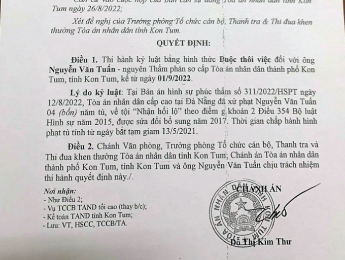 Quyết định kỷ luật buộc thôi việc đối với ông Nguyễn Văn Tuấn