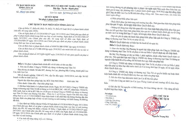 Biên bản xử phạt của UBND tỉnh Lào Cai đối với Công ty TNHH Xây dựng và Thương mại Tâm Trí.