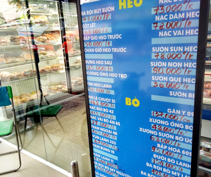 Giá thịt nhập khẩu bán lẻ niêm yết tại một cửa hàng thực phẩm ở Q.Bình Thạnh