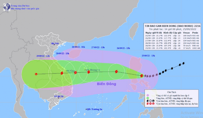 Vị trí và hướng di chuyển tiếp theo của bão số 4 Noru. Ảnh: Trung tâm Dự báo KTTVQG
