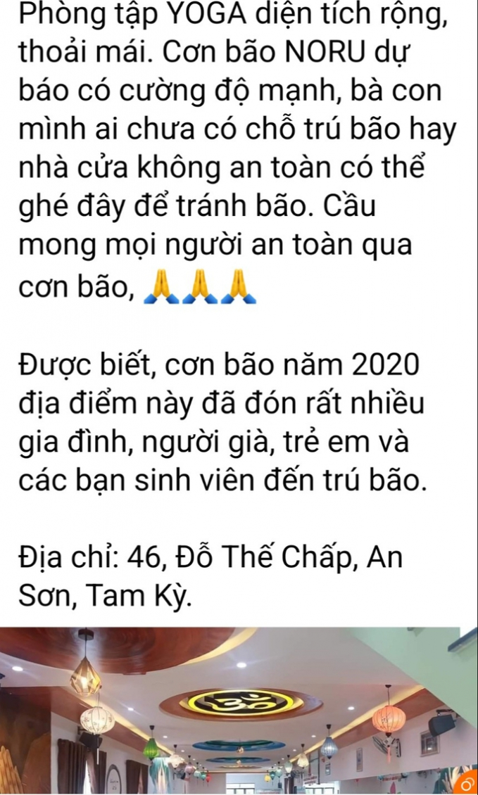 Nhiều địa điểm trú bão miễn phí cho người dân ở Tam Kỳ được chia sẻ trên mạng xã hội