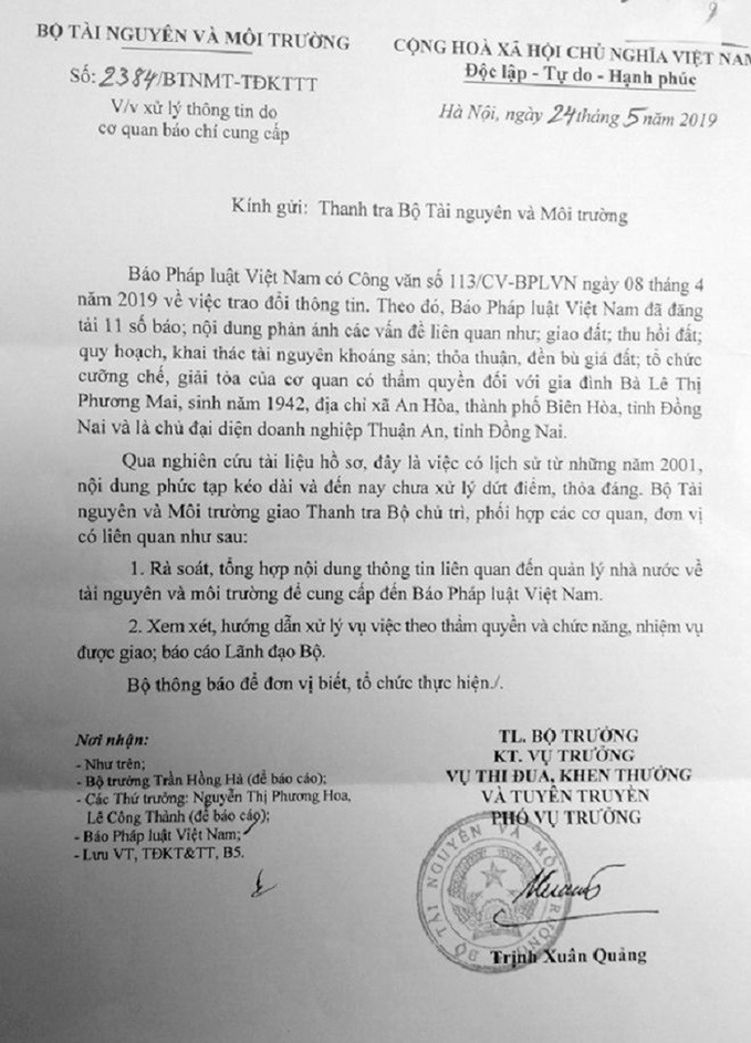 Công văn của Bộ TN&MT