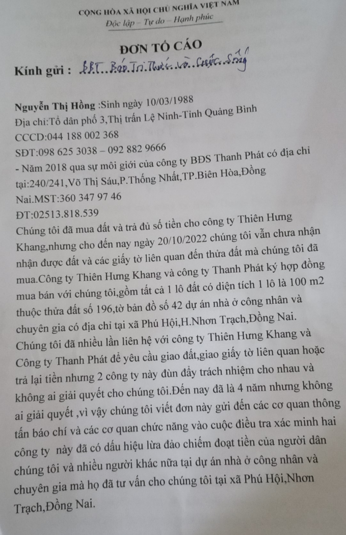 Đơn Tố cáo của khách hàng đối với Công ty THiên Hưng Khang và Thanh Phát vì có hành vi lừa đảo?