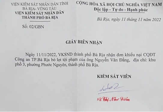 Viện Kiểm sát nhân dân TP Bà Rịa đã tiếp nhận đơn khiếu nại của ông Nguyễn Văn Đằng