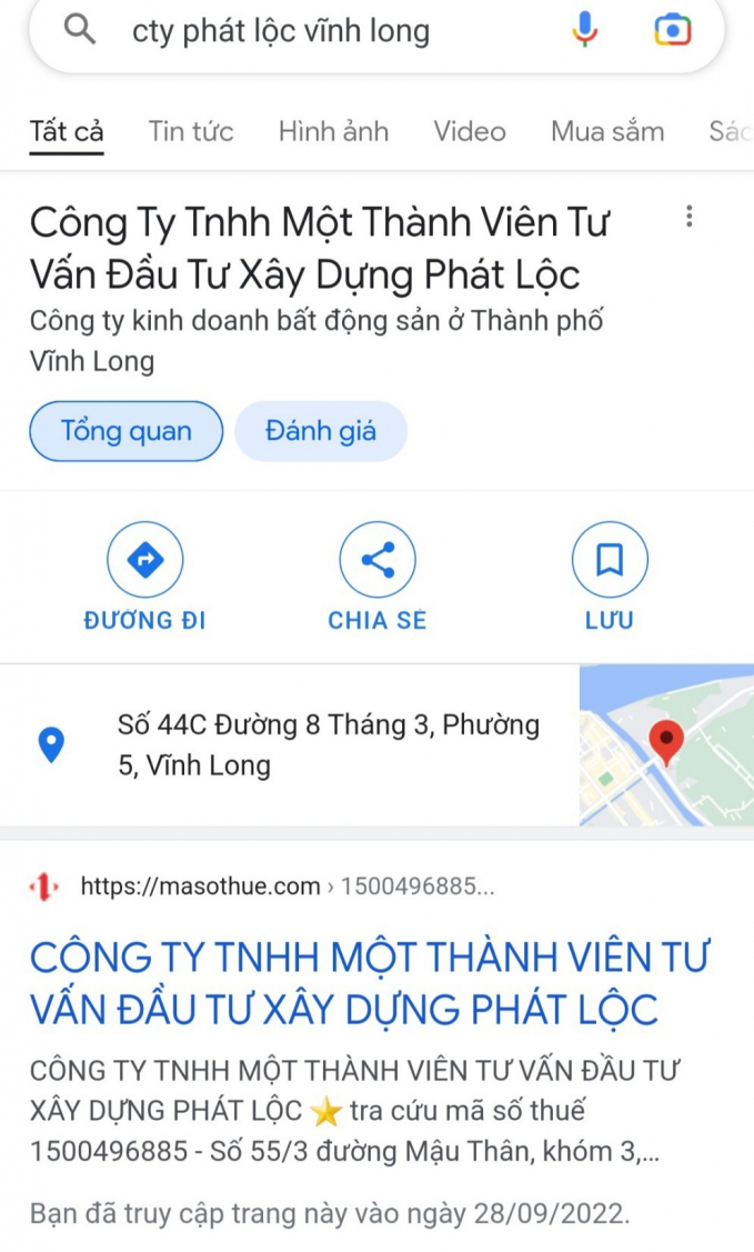 Địa chỉ của Công ty Phát Lộc theo thông tin chỉ dẫn của các trang điện tử tại TP Vĩnh Long