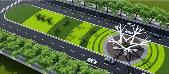 Mô hình khu tiểu cảnh cuối đường Võ Nguyên Giáp (tại TP Nha Trang) và biểu tượng kiến trúc (trụ nhánh sắt) có hình tượng ngôi sao năm cánh nếu nhìn từ trên cao xuống - Ảnh: Ban quản lý dự án cung cấp