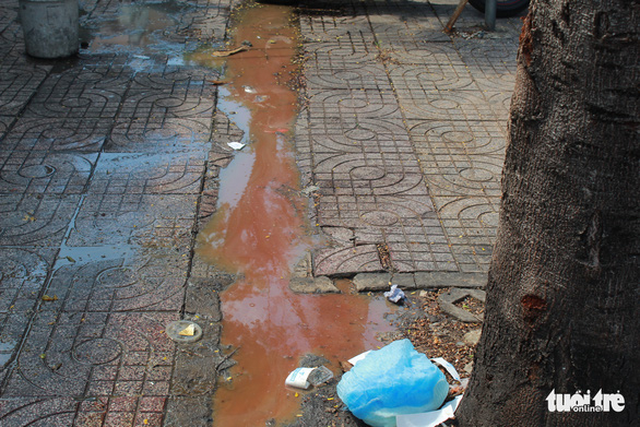 Nước thải có mùi hôi thối tràn trên vỉa hè đường Tú Xương, quận 3 - Ảnh: BẠCH NAM