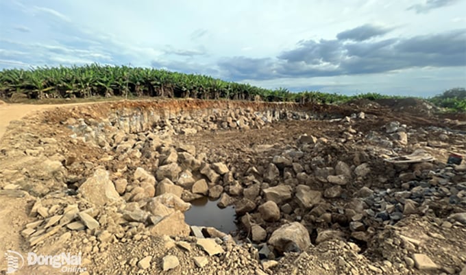 Diện tích rộng hàng trăm mét vuông tại thửa đất số 340, tờ bản đồ số 18 (xã Ngọc Định, H.Định Quán) đã bị đào, móc sâu, có nguy cơ bị sạt lở.