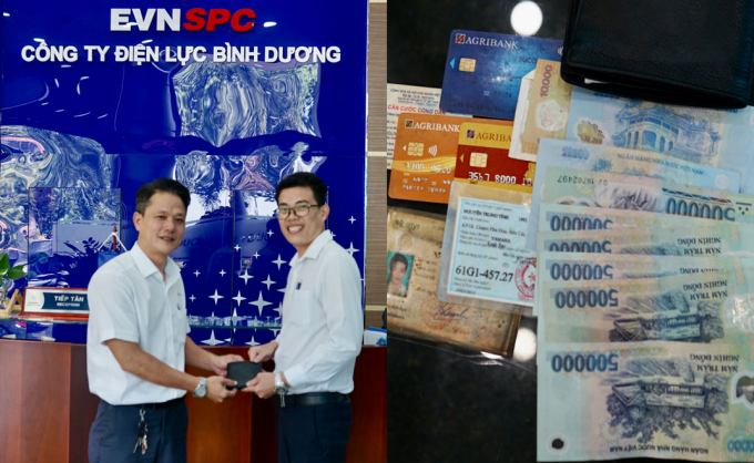 Anh Tô Quốc Dũng (trái) trao trả chiếc ví cùng toàn bộ giấy tờ tùy thân và số tiền cho anh Nguyễn Trung Tính
