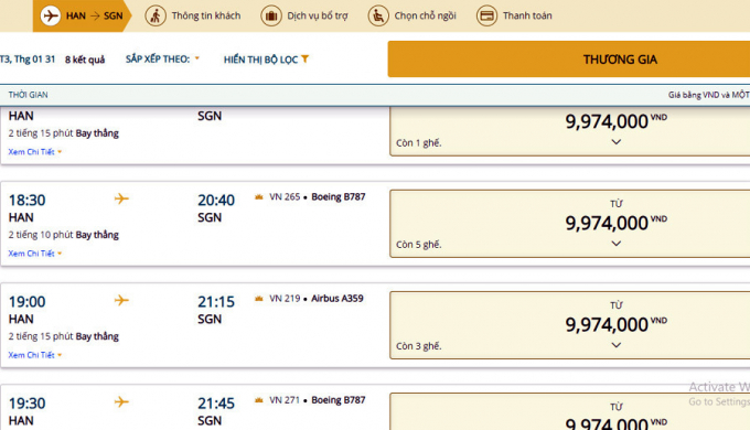 Giá vé chặng Hà Nội - TP.HCM ngày 31/1 hiển thị trên trang bán của Vietnam Airlines (Ảnh chụp màn hình)