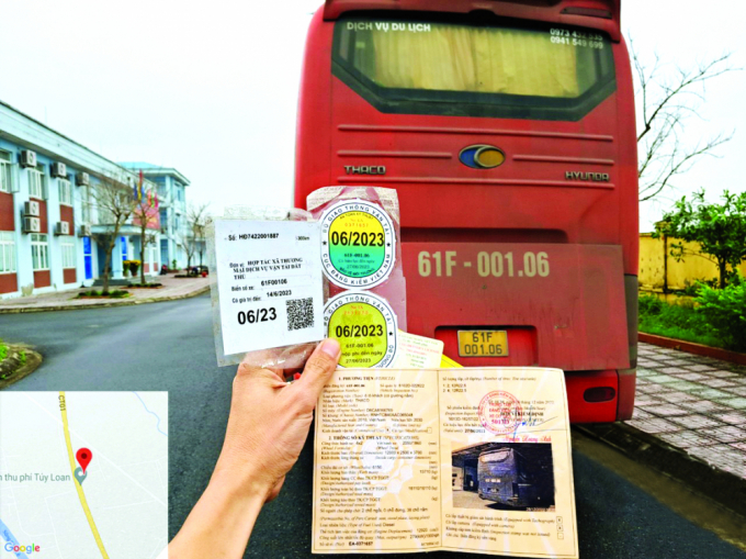 Ô tô khách sử dụng giấy tờ đăng kiểm nghi làm giả lưu thông trên đường cao tốc Quảng Ngãi - Đà Nẵng. Ảnh: Công an cung cấp