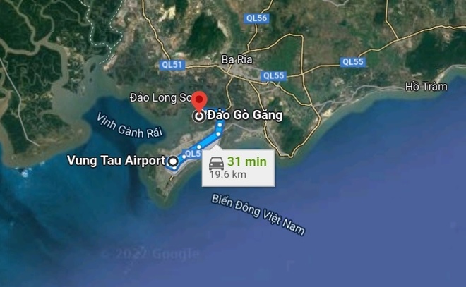 Sân bay Gò Găng dự kiến nằm cách sân bay Vũng Tàu cũ khoảng 20 km đường bộ. Ảnh: Google Maps.