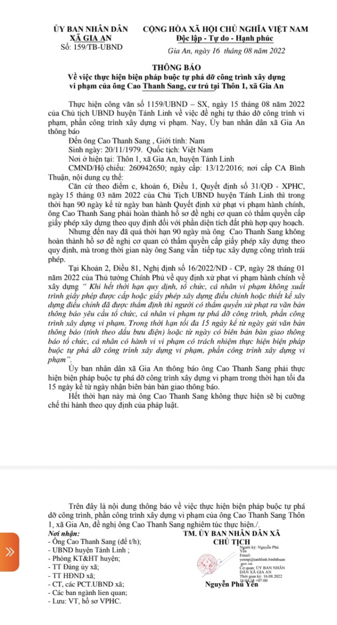 Thông báo 159/TB-UBND về việc thực hiện biện pháp buộc tự phá dỡ công trình xây dựng vi phạm của ông Cao Thanh Sang, cư trú tại thôn 1, xã Gia An.