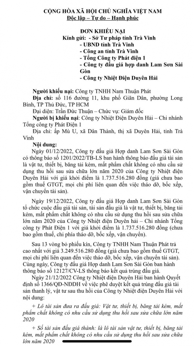 Đơn khiếu nại của Công ty TNHH Nam Thuận Phát