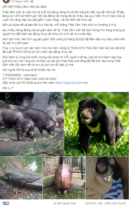 Bài đăng kêu gọi hỗ trợ Thảo Cầm Viên nhận được lượt tương tác cao. Ảnh chụp màn hình.