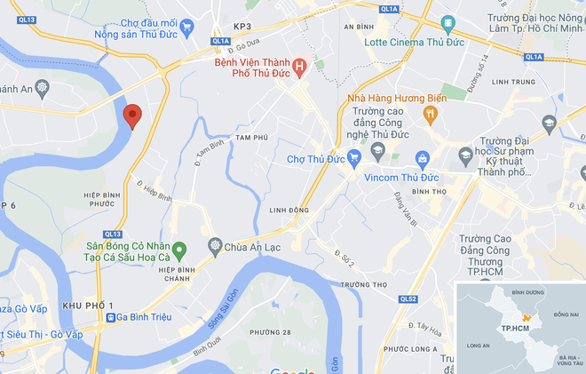Vụ cháy xảy ra tại khu vực ven sông Sài Gòn, phường Hiệp Bình Phước, TP Thủ Đức. Ảnh: Google Maps.