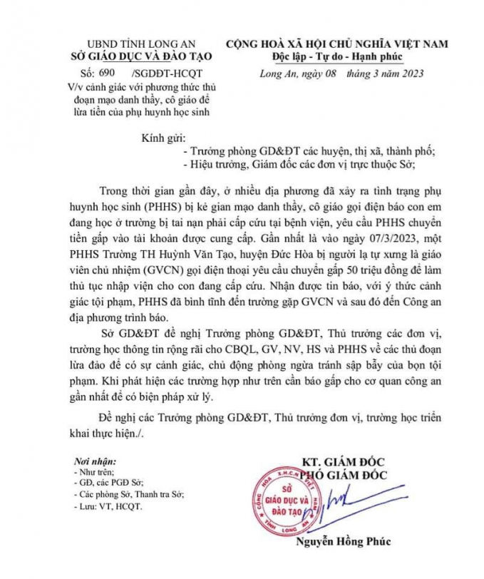 Văn bản khuyến cáo của Sở GDĐT tỉnh Long An về tình trạng giả danh giáo viên gọi điện thoại cho phụ huynh để lừa đảo. Ảnh: An Long