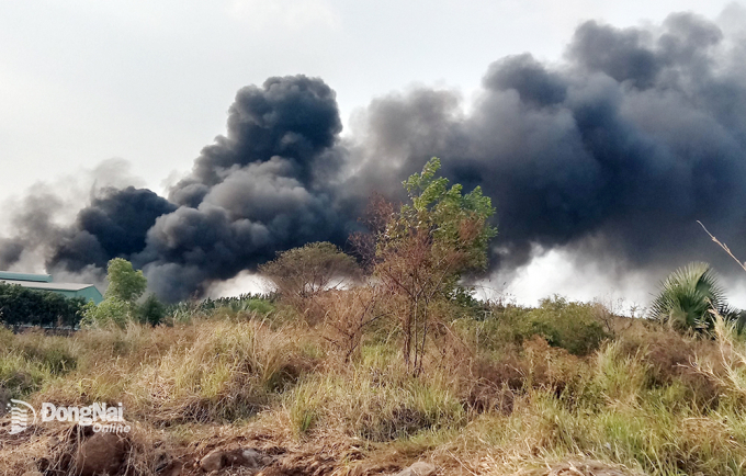 Cột khói cháy cao hàng chục mét tại nhà máy xử lý rác tại Công ty CP Môi trường Thiên Thanh (xã Vĩnh Tân, H.Vĩnh Cửu) chiều 24-3. Ảnh: CTV