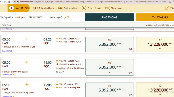 Giá vé hạng thương gia chặng Hà Nội - Phú Quốc dịp lễ 30/4-1/5 lên tới 13,228 triệu đồng/vé