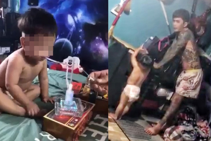 Các đoạn clip thể hiện Lê Văn Bậm có hành vi bạo hành, nghi ép bé 3 tuổi chơi ma tuý, đã gây phẫn nộ dư luận. Ảnh: Cắt từ clip