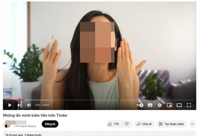 Nữ Youtuber tỏ ra tự hào khi chia sẻ việc kiếm tiền dễ dàng trên app ứng dụng hẹn hò. Ảnh: Chụp màn hình