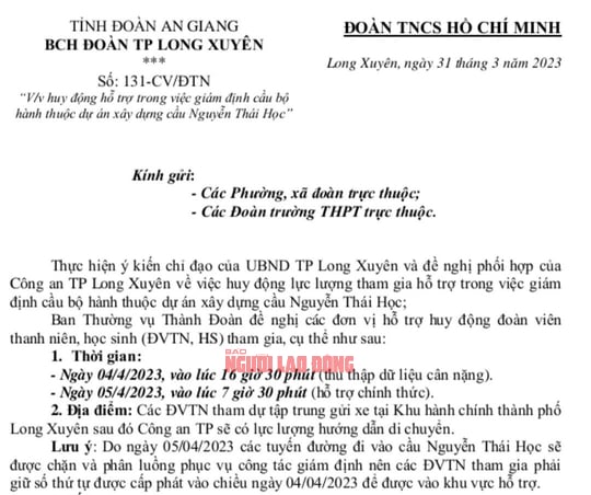 Văn bản huy động đoàn viên, thanh niên của Thành Đoàn TP Long Xuyên.