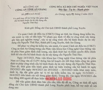 Văn bản của Công an tỉnh An Giang đề nghị TP Long Xuyên phối hợp