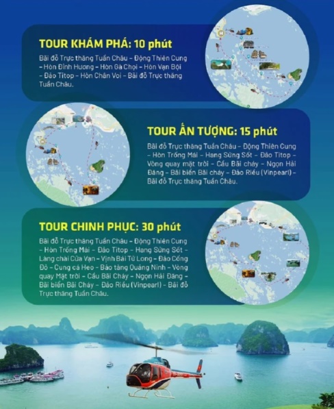 Lịch trình các tour du lịch trực thăng ngắm Vịnh Hạ Long. (Ảnh: Halong Heli tour)