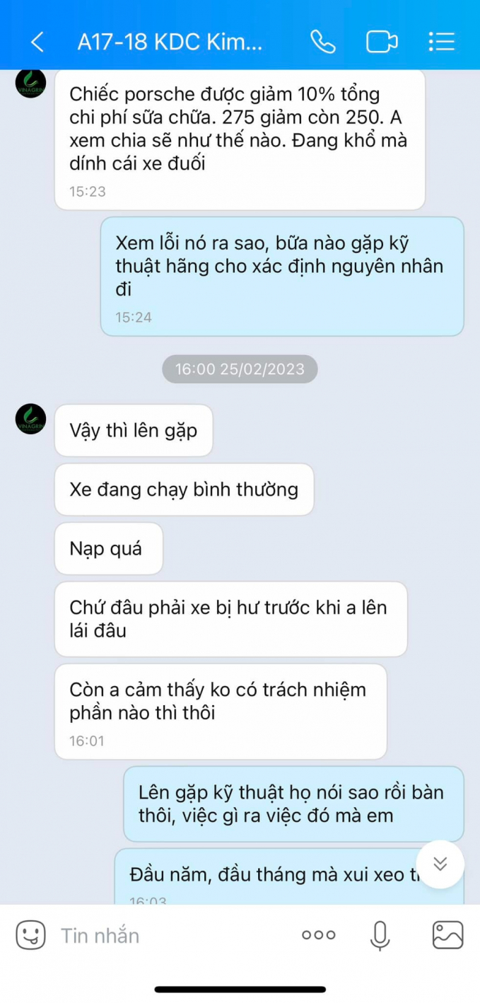 Ảnh chụp màn hình đoạn hội thoại giữa chủ xe và anh H. Ảnh: NVCC