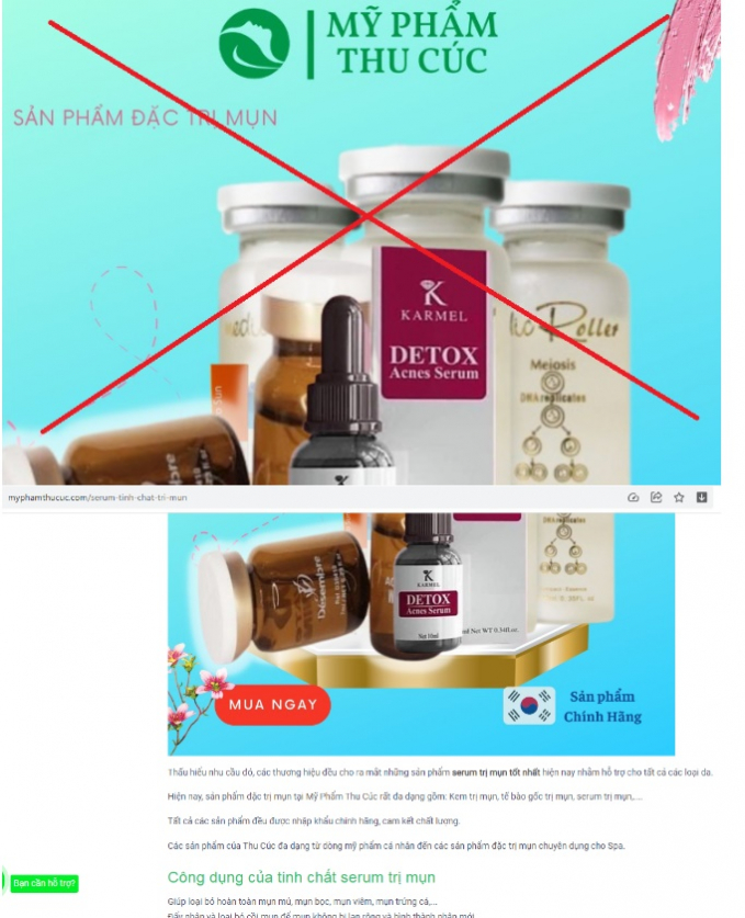 Mỹ phẩm Thu Cúc quảng cáo công dụng mỹ phẩm như thuốc chữa bệnh. (Hình ảnh chụp từ trang website)