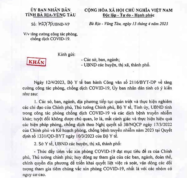 UBND tỉnh Bà Rịa-Vũng Tàu có công văn khẩn, chỉ đạo về việc tăng cường công tác phòng, chống dịch COVID-19.