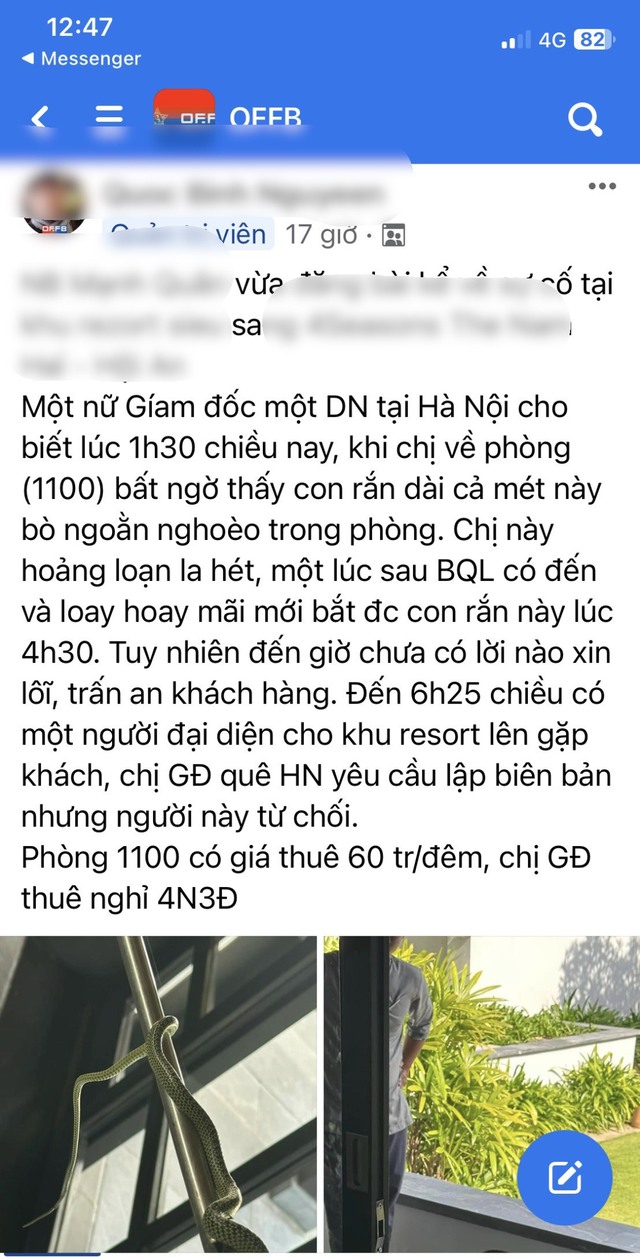 Thông tin resort 5 sao ở Quảng Nam có rắn được du khách phản ánh trên facebook. Ảnh chụp màn hình trang OFFB/Facebook.