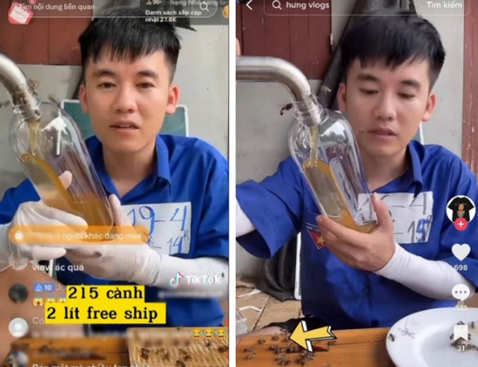 Hình ảnh Hưng Vlog rao bán mật ong hoa vải đặc sản Bắc Giang.